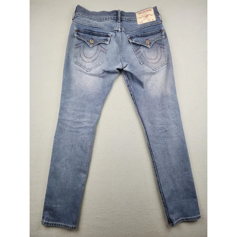 True Religion Rocco SN Flap Skinny Jeans Mens 29x31 Light Wash Distressed Denim